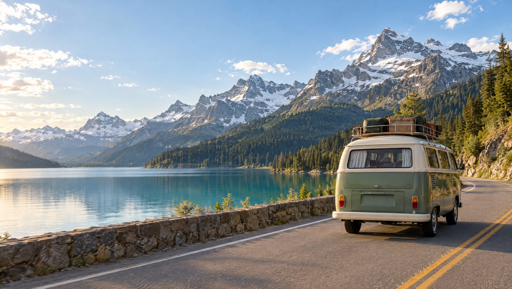 Campervan op een bergweg langs een turquoise meer met besneeuwde bergen
